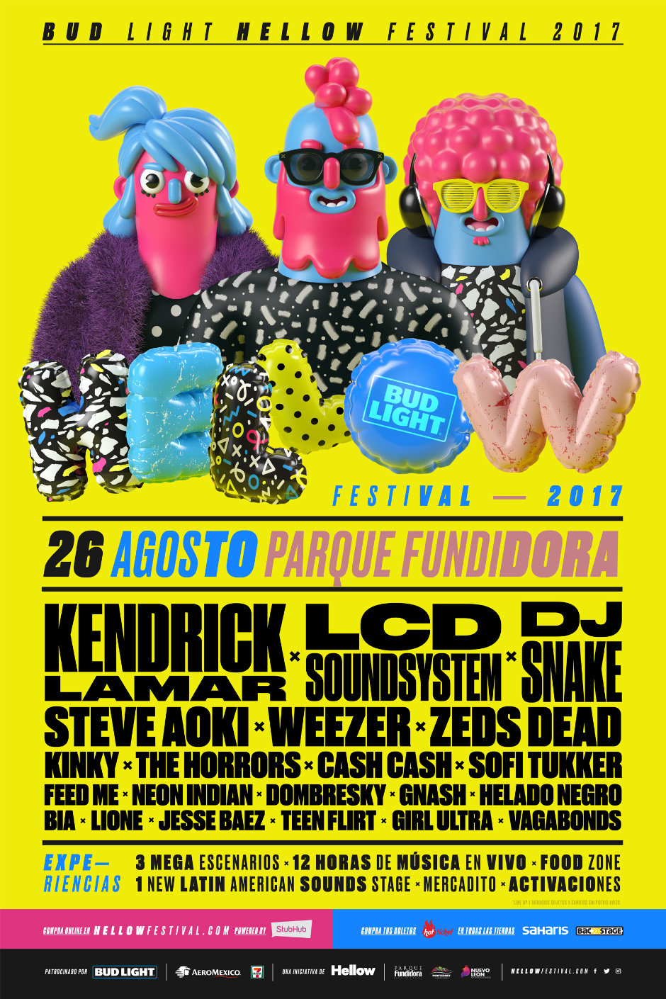 Bud Light Hellow Festival 2017 - Line Up - Kendrick Lamar - LCD Soundsystem - DJ Snake - Steve Aoki - Weezer - Zeds Dead - Kinky - The Horrors - Cash Cash - Sofi Tukker - Feed Me - Neon Indian - Dombresky - Gnash - Helado Negro - Bia - Lione - Jesse Baez - Teen Flirt - Girl Ultra - Vagabonds